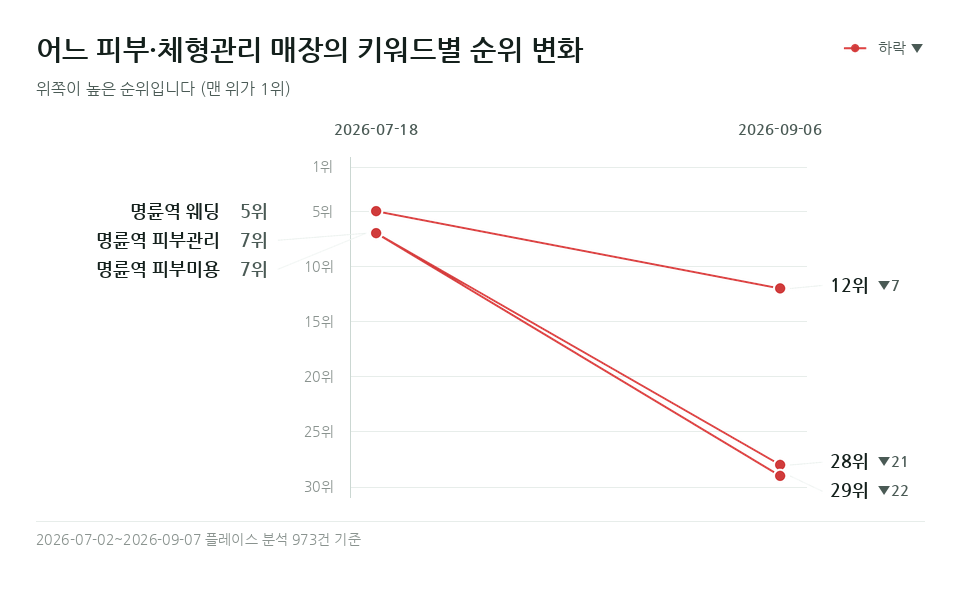 어느 피부·체형관리 매장 '명륜역 피부미용' 등 키워드 3개의 순위 변화