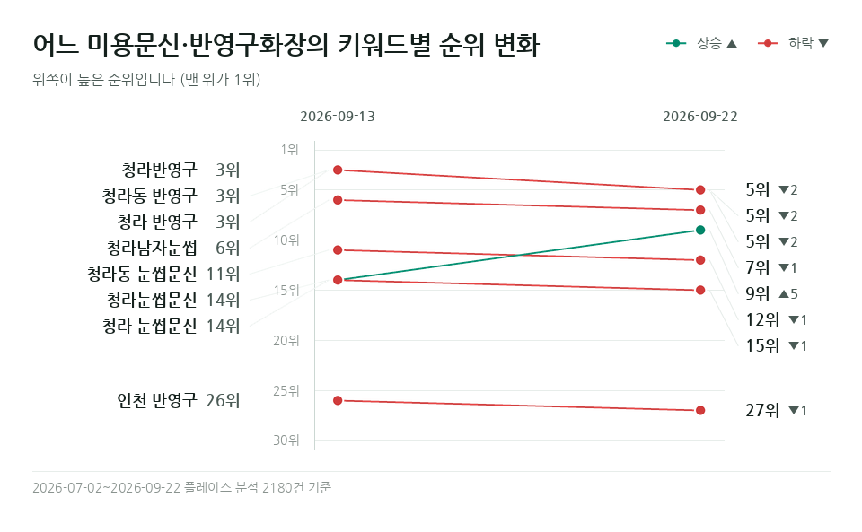 어느 미용문신·반영구화장 '청라눈썹문신' 등 키워드 8개의 순위 변화